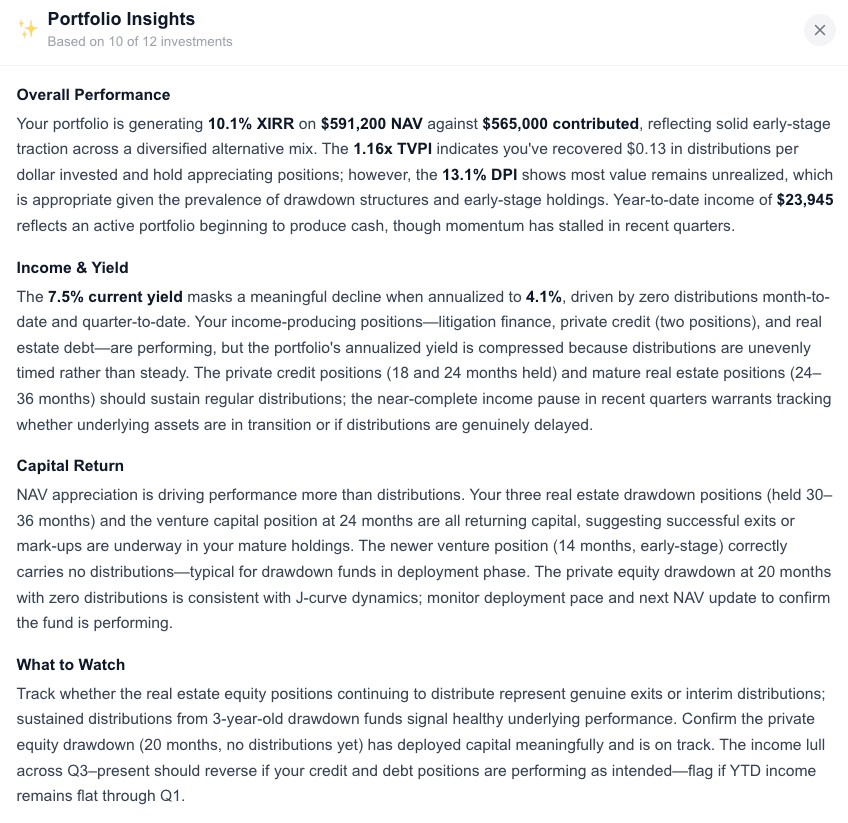 AltTrack AI insights showing sponsor concentration and portfolio observations