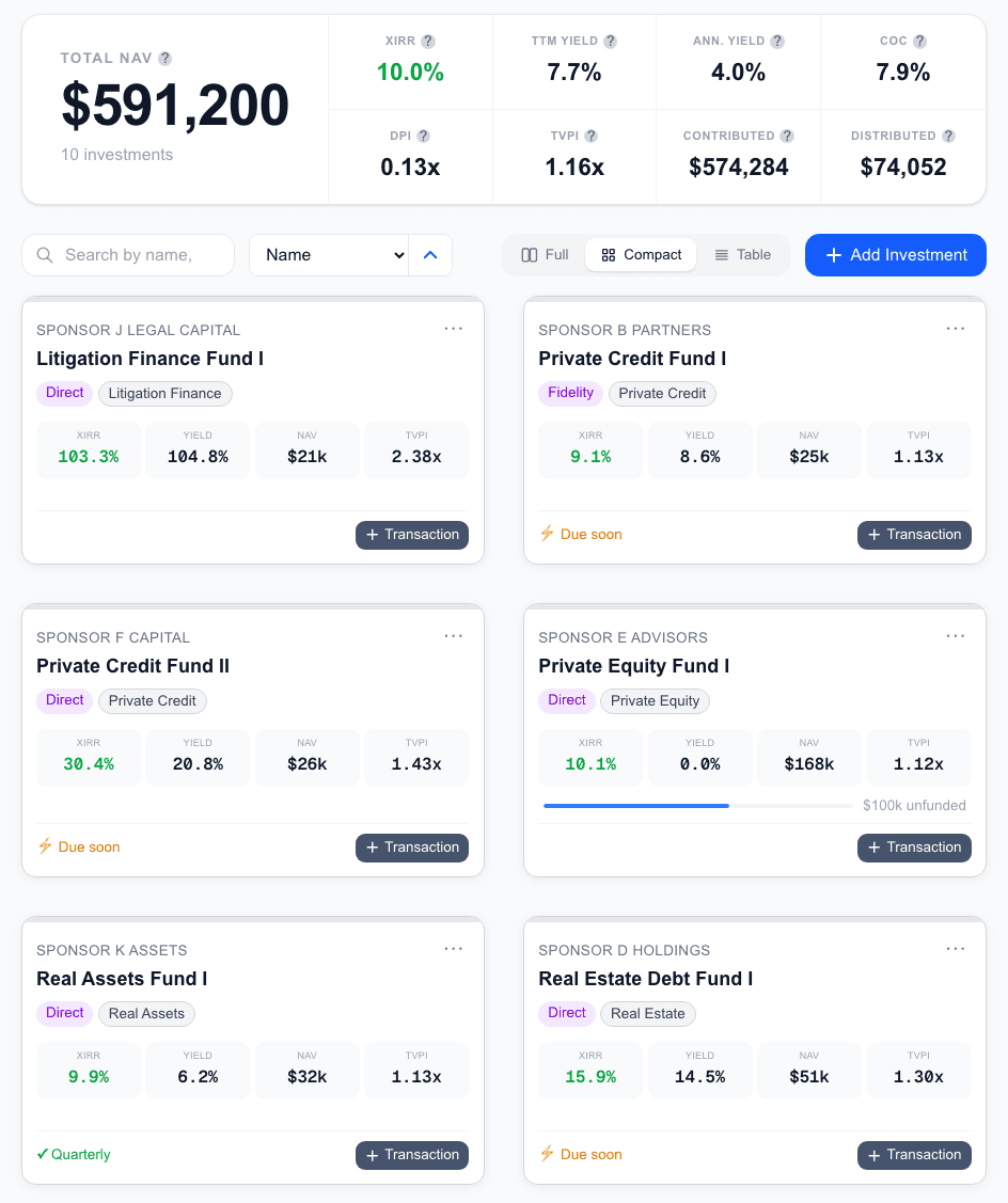 AltTrack dashboard replacing scattered private investment documents and spreadsheets